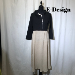 2025 E-Design 2-farvet kjole med lynls i hals crepet hr/bomuld sand/sort